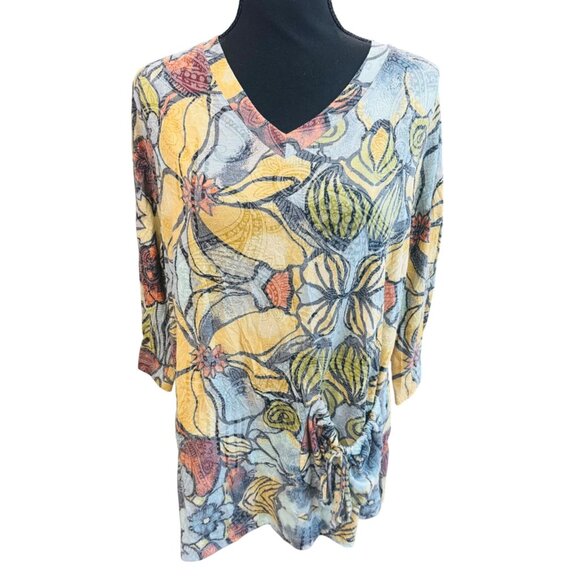 Ali Miles Floral V-Neck Tunic Top Soft Multicolor Asymmetrical Tie Front Casual - Picture 1 of 10